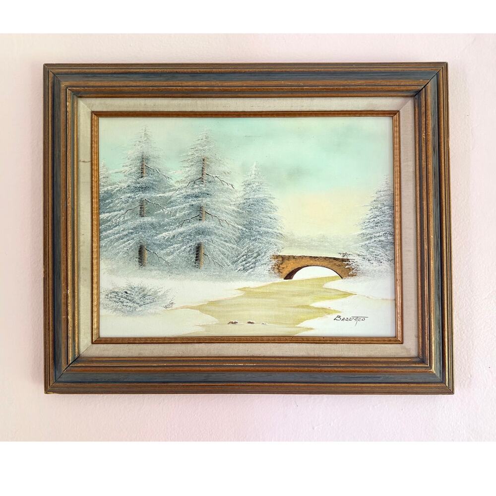 Vintage Winter Landscape Oil Painting Signed Framed Original Fine Art 17x22